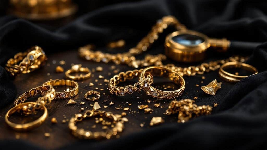 Verschiedene Goldschmuckstücke auf dunklem Stoff