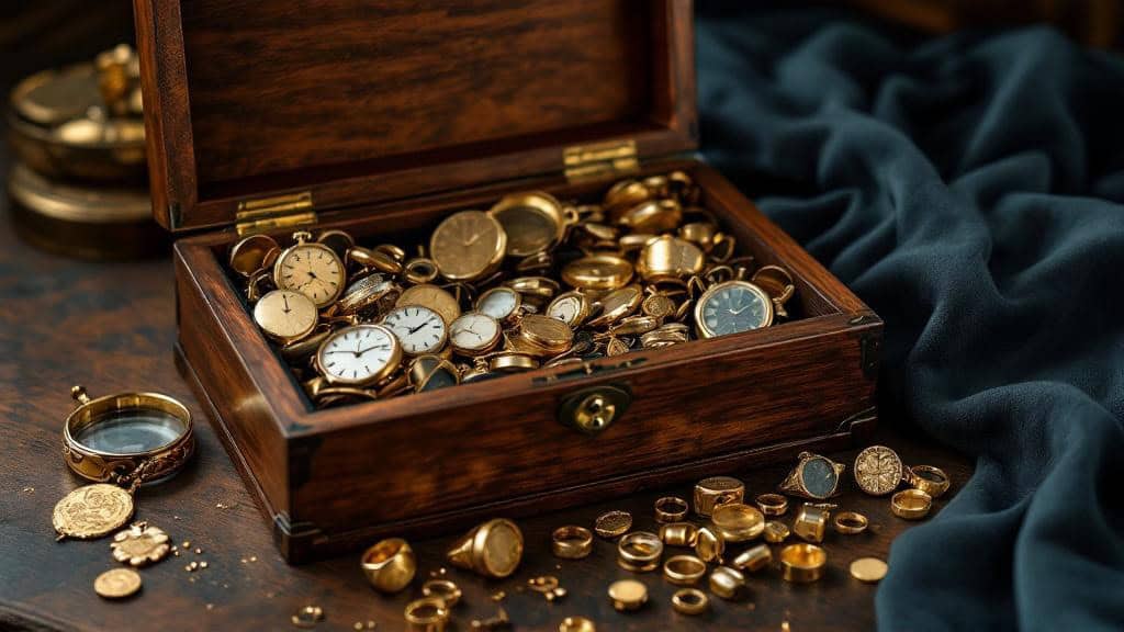 Holzkiste mit goldenen Uhren und Schmuck