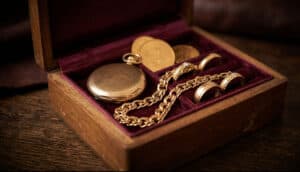 Goldschmuck und Taschenuhr in Holzschatulle