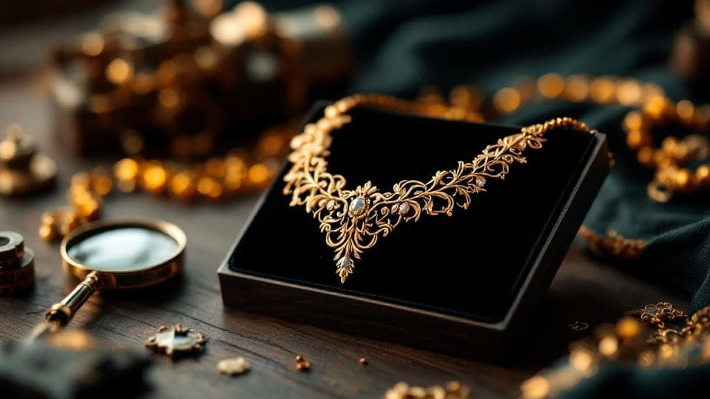 Goldene Halskette mit filigranem Design auf Samtbox