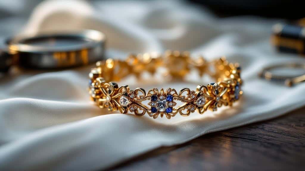 Goldenes Armband mit blauen und klaren Edelsteinen