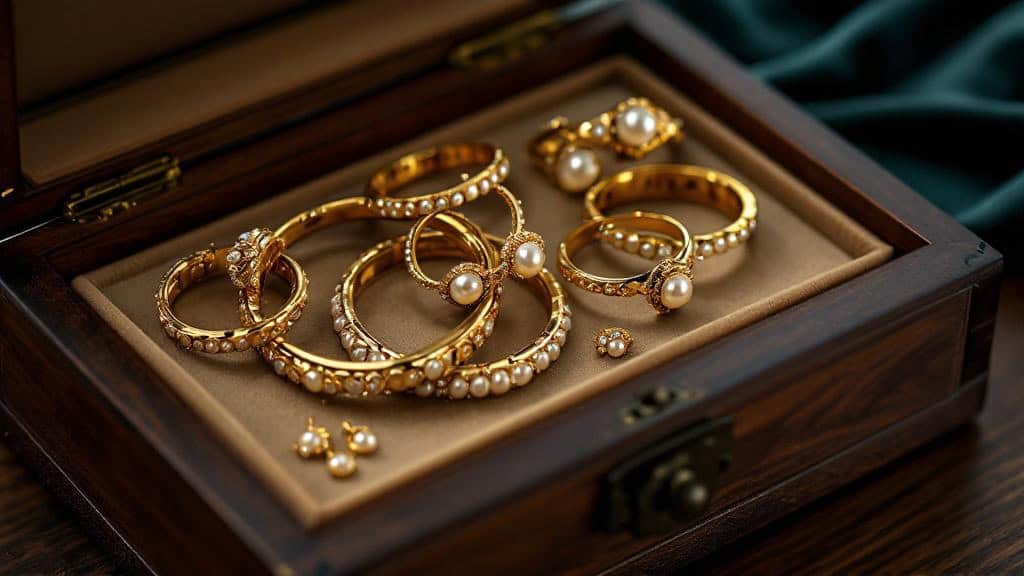 Gold- und Perlenschmuck in offener Holzschatulle