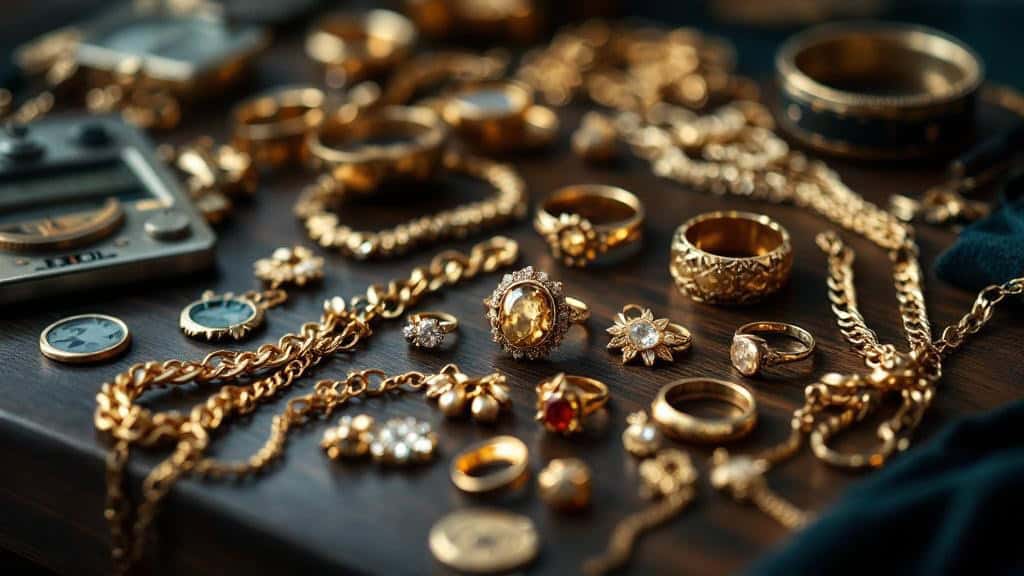 Goldschmuck auf Holztisch ausgebreitet