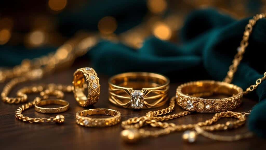 Goldschmuck mit Ringen und Ketten auf Tisch