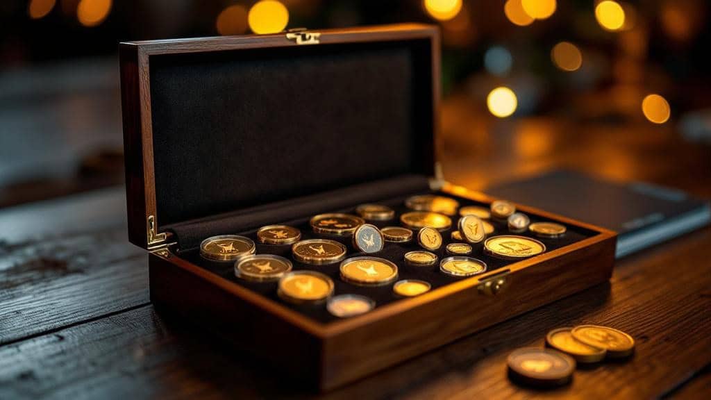 Offene Holzbox mit goldenen Münzen auf Tisch
