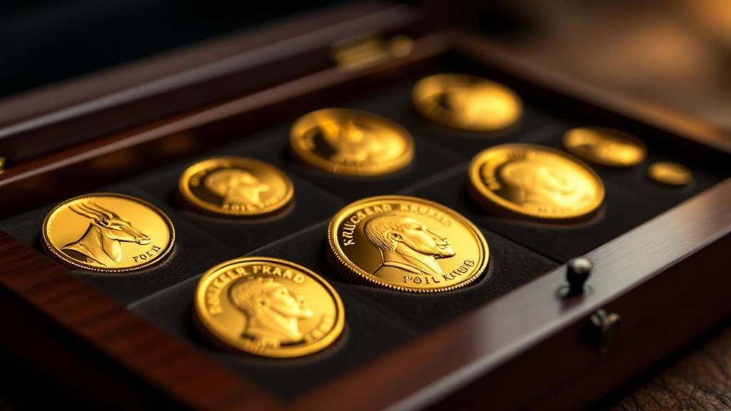 Goldene Krügerrand-Münzen in Holzvitrine
