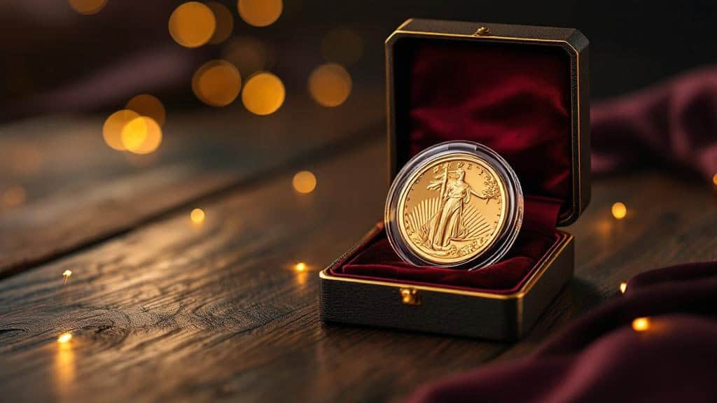 Goldmünze in Schatulle auf Holztisch