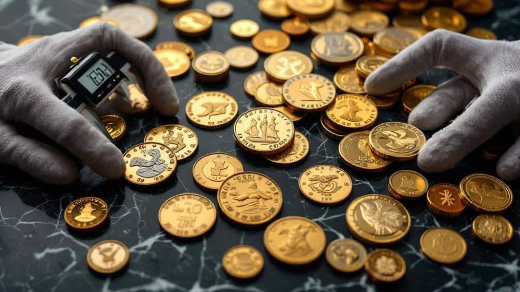 Hände mit Handschuhen prüfen und messen Goldmünzen