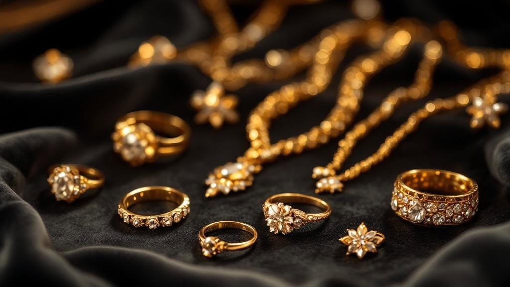 Goldschmuck mit Diamanten auf dunklem Stoff