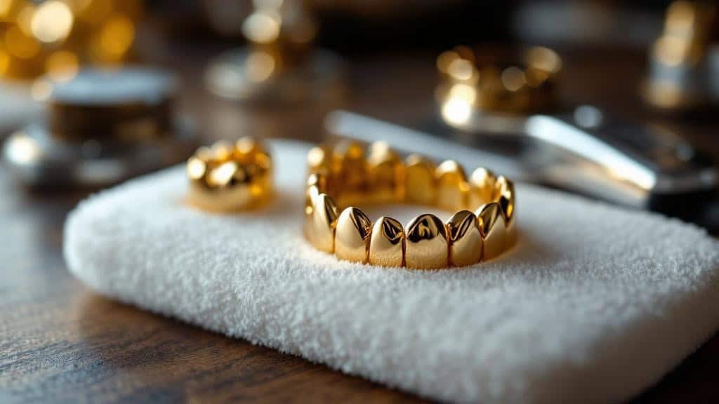 Goldene Zahnkronen auf weißem Handtuch