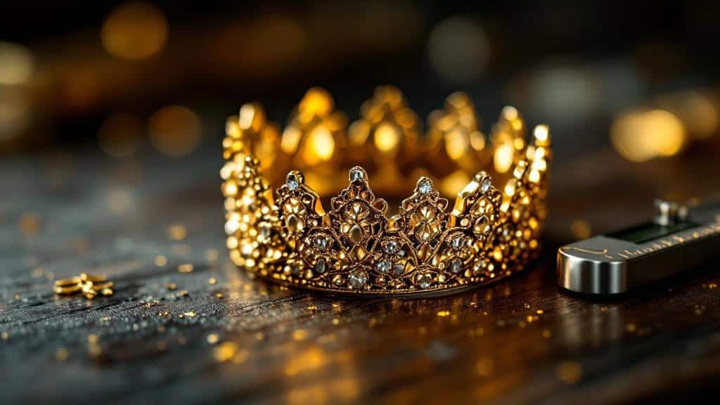 Goldene Krone mit Edelsteinen auf Holztisch
