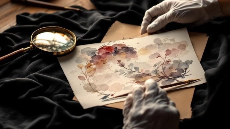 Aquarellbild mit Blumen und Lupe auf Stoff