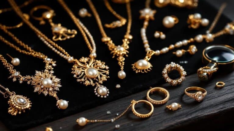 Goldschmuck mit Perlen und Diamanten auf Schwarz